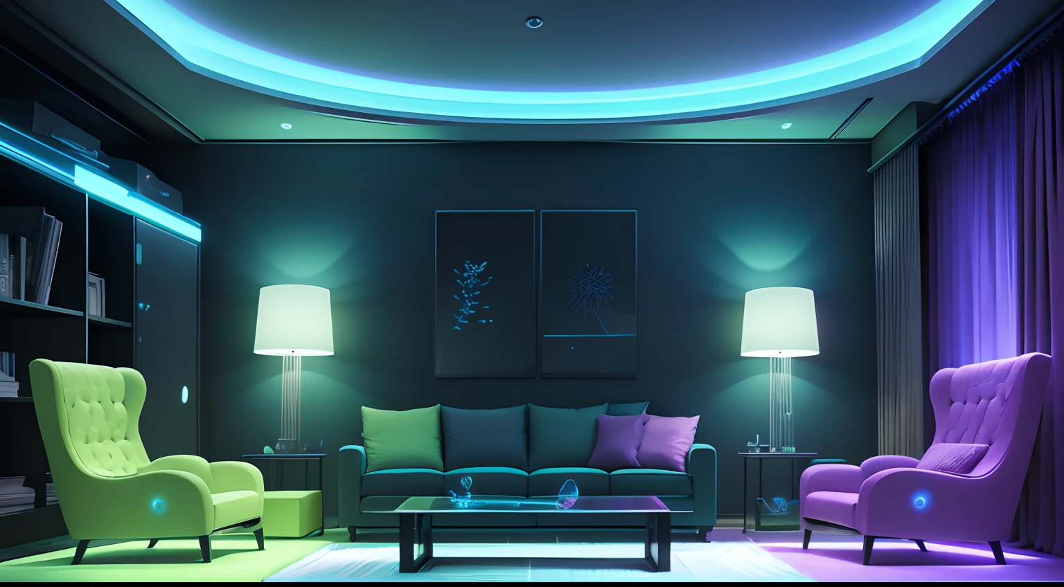 The living room is made with bioluminescence technology, Both walls and furniture emit beautiful bioluminescence。The walls are covered with glowing algae and bacterial petri dishes,Exudes dreamy colors。The surface of the furniture is also covered with luminous materials and sensors,It emits interactive light and shadow effects based on how close a person is。