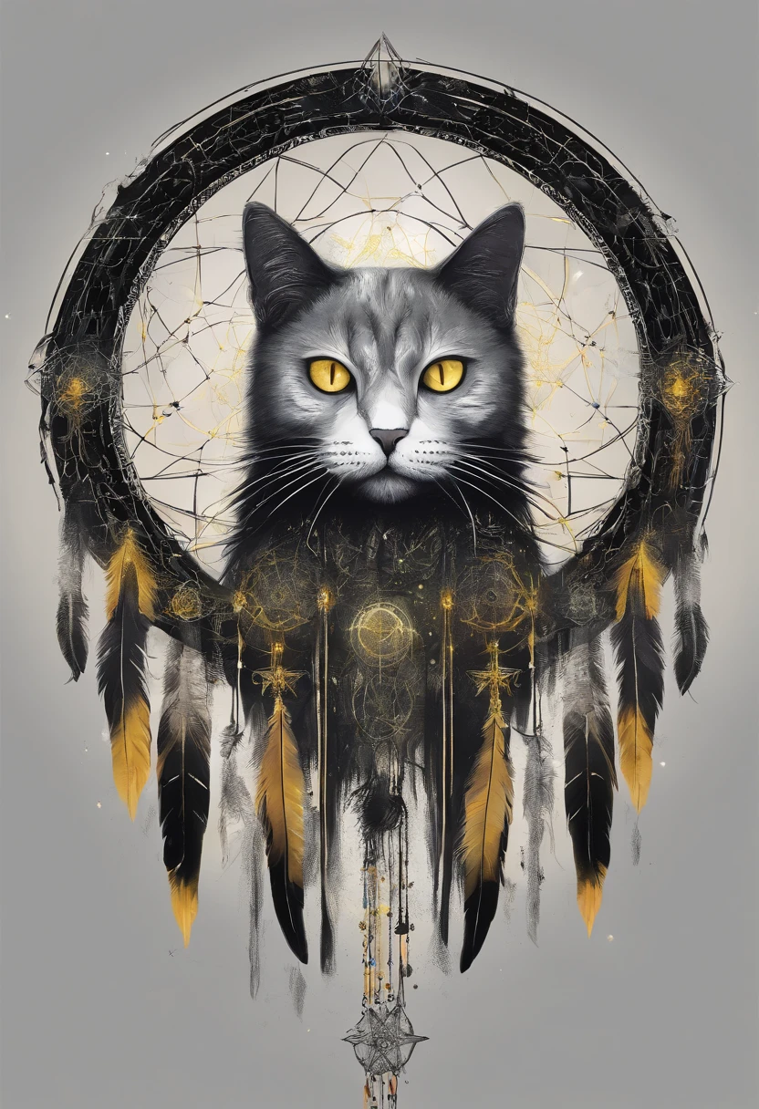 (White cat in the circle of colorful dream catchers),yellow eyes,"T-shirt design with circular silhouette of cat face, Crescent, and stars in the