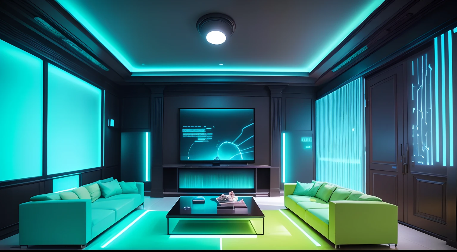 The living room is made with bioluminescence technology, Both walls and furniture emit beautiful bioluminescence。The walls are covered with glowing algae and bacterial petri dishes,Exudes dreamy colors。The surface of the furniture is also covered with luminous materials and sensors,It emits interactive light and shadow effects based on how close a person is。