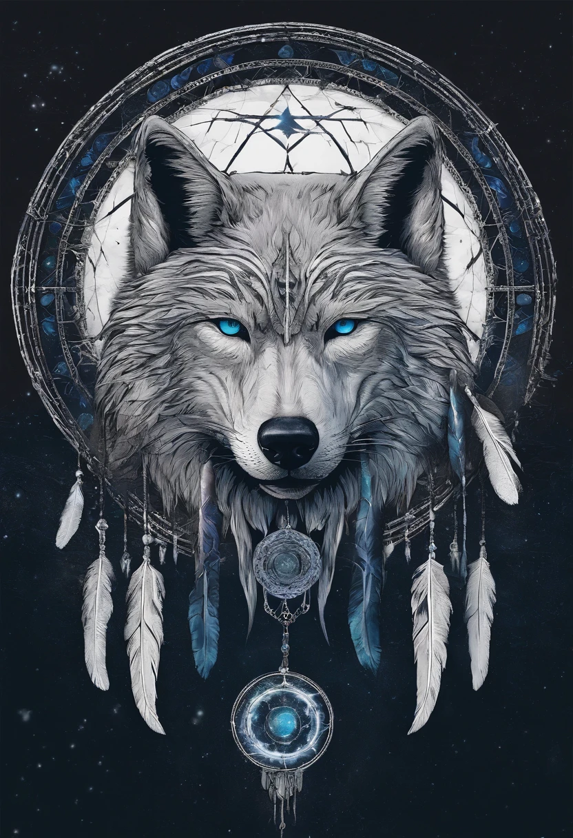 (White wolf in a circle of colorful dream catchers),"T-shirt design with circular silhouette of wolf face, Crescent, and stars in the,Blue glowing eyeballs