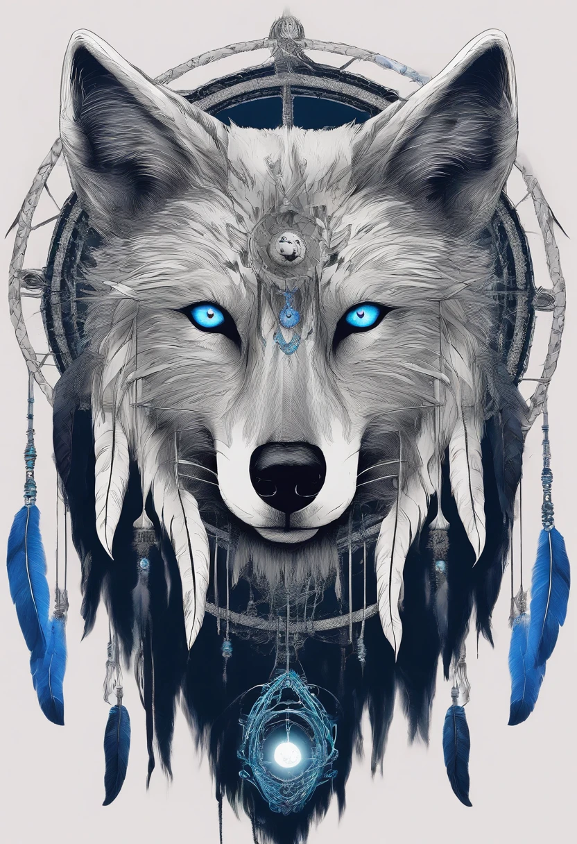 （White wolf in a circle of colorful dream catchers），"T-shirt design with circular silhouette of wolf face, Crescent, and stars in the，Blue glowing eyeballs