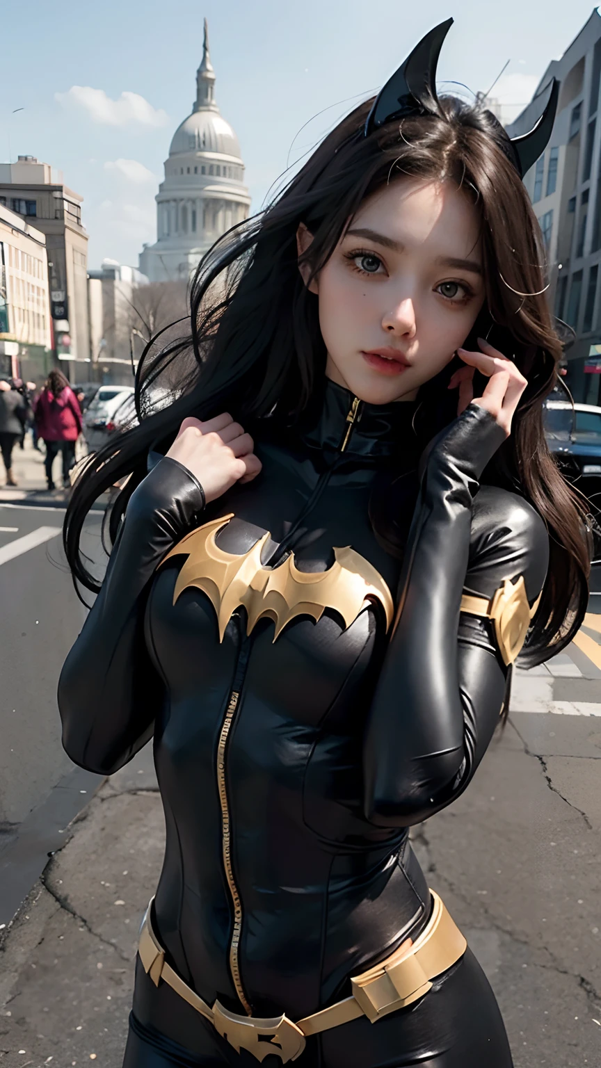 Woman body set,long hair ,  batgirl cosplay covering the whole body , detailed surrounding , detailed eyes, detailed hair (best quality) ( best details) , epic pose , DC background, not looking to viewer , wind blowing