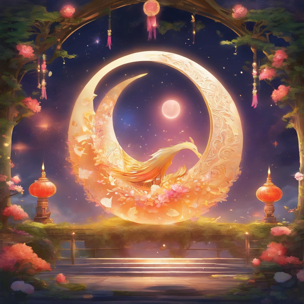 Mid-Autumn Festival, A round moon, the night, (Moon cake), teas, the fruits, edgBunny, Chang'e rushes to the moon, symmetry, high detail, Romanticism, sparkle, god rays, ray tracing, UHD, retina, masterpiece, ccurate, super detail, high details, high quality, best quality, highres, 16k, anatomically correct