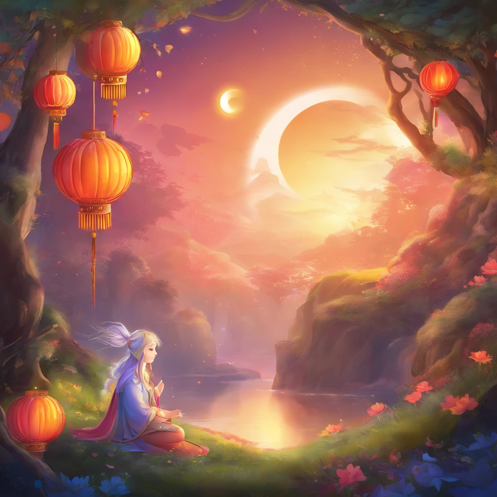 Mid-Autumn Festival, A round moon, the night, (Moon cake), teas, the fruits, edgBunny, Chang'e rushes to the moon, symmetry, high detail, Romanticism, sparkle, god rays, ray tracing, UHD, retina, masterpiece, ccurate, super detail, high details, high quality, best quality, highres, 16k, anatomically correct