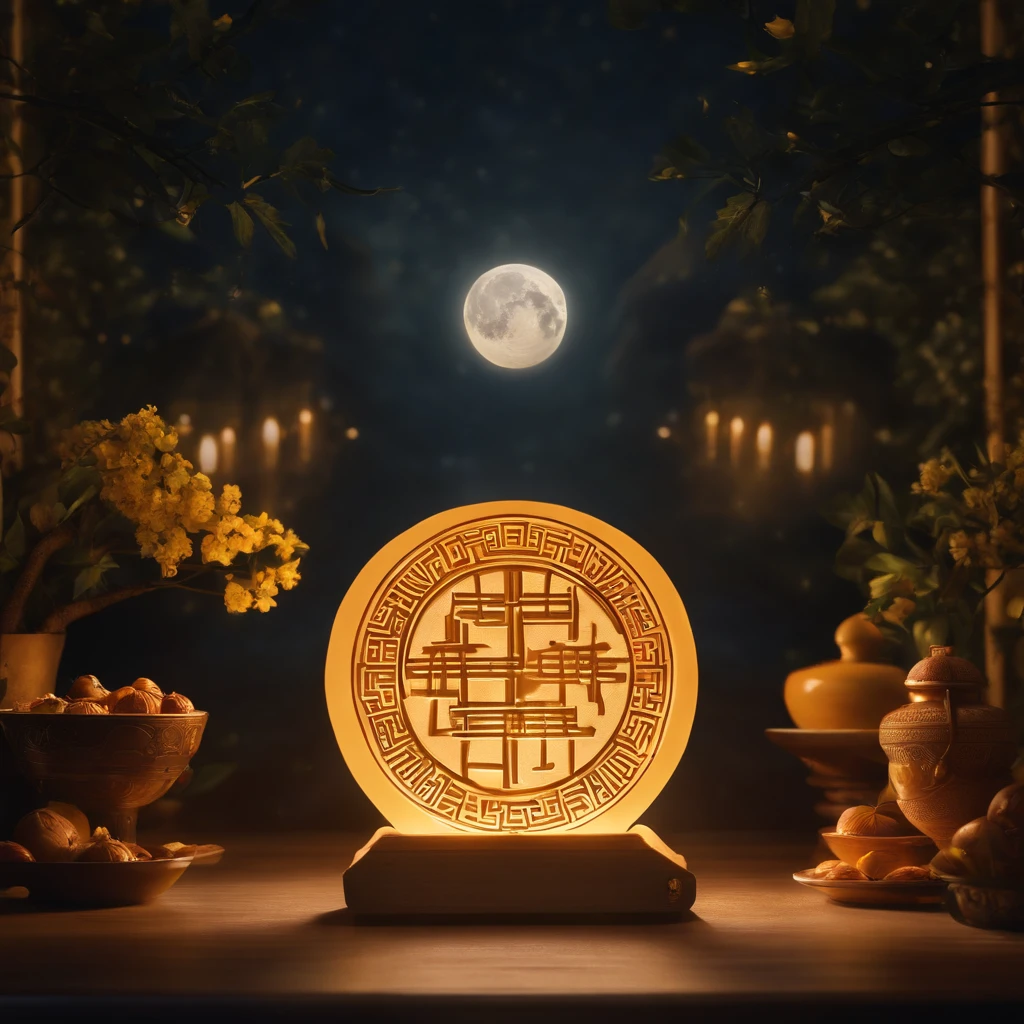 Mid-Autumn Festival, A round moon, the night, (Moon cake), teas, the fruits, edgBunny, Chang'e rushes to the moon, symmetry, high detail, Romanticism, sparkle, god rays, ray tracing, UHD, retina, masterpiece, ccurate, super detail, high details, high quality, best quality, highres, 16k, anatomically correct