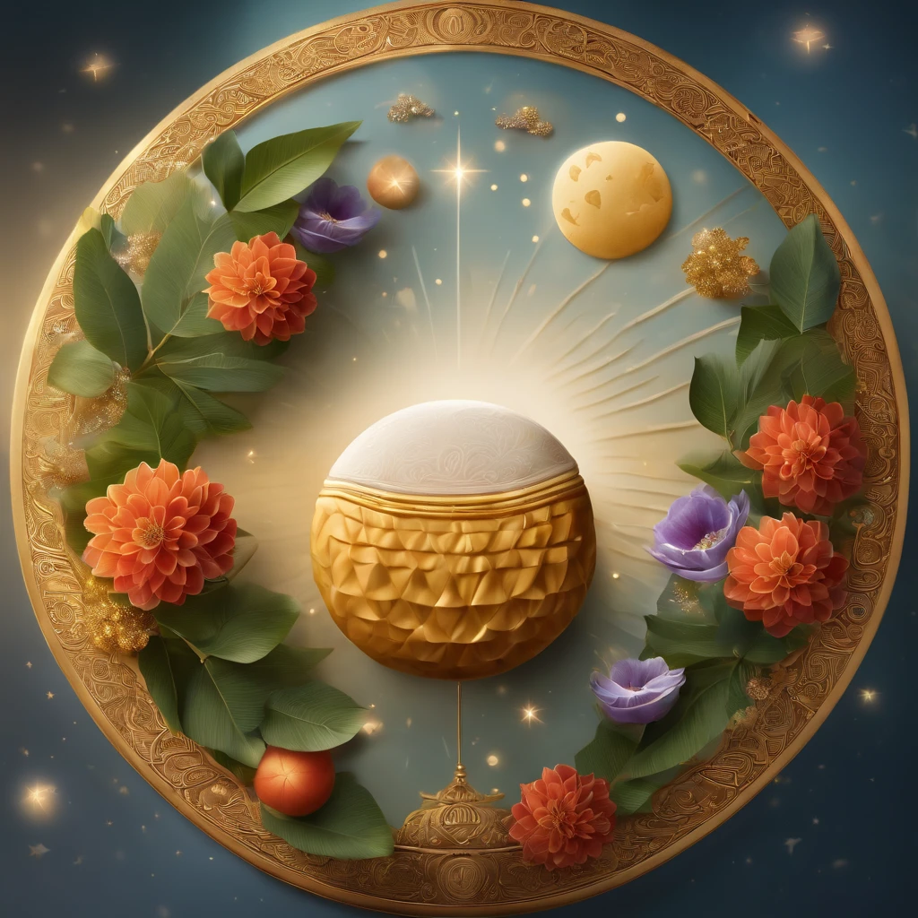 Mid-Autumn Festival, A round moon, the night, (Moon cake), teas, the fruits, edgBunny, Chang'e rushes to the moon, symmetry, high detail, Romanticism, sparkle, god rays, ray tracing, UHD, retina, masterpiece, ccurate, super detail, high details, high quality, best quality, highres, 16k, anatomically correct