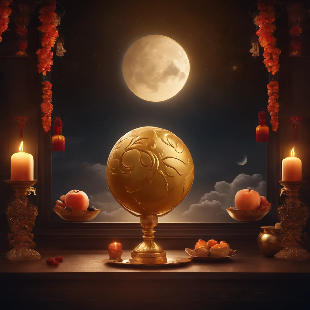 Mid-Autumn Festival, A round moon, the night, （Moon cake）, teas, the fruits, edgBunny, Chang'e rushes to the moon, symmetry, high detail, Romanticism, sparkle, god rays, ray tracing, UHD, retina, masterpiece, ccurate, super detail, high details, high quality, best quality, highres, 16k, anatomically correct