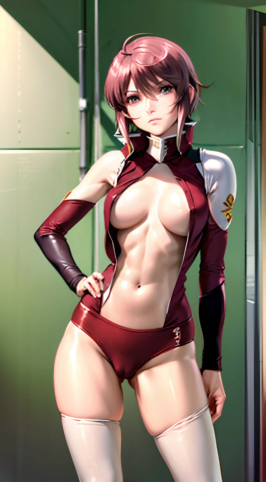 Lunamaria Hawke、a miniskirt,Crouch pants、Legs open。Crotch opening、sleeve less、Beautiful facial features、sleeveless、Beautiful navel、beautiful thigh、Squat down and show pants、white panty、camel's toe、