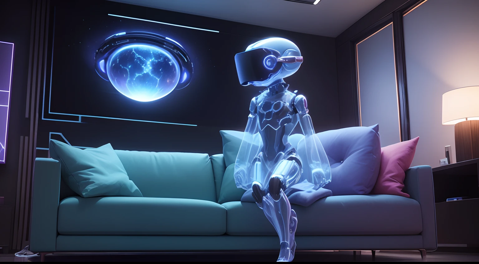Three-dimensional holographic living room
This living room uses holographic technology to generate a three-dimensional environment。A head as flat as a TV、Aliens with slender hands and feet like robots float on holographic sofas,Surrounded by blurry nebulae and virtual furniture,It's like a dream。watch from the side,This alien and environment is like virtual reality,It forms a fantastic three-dimensional space。