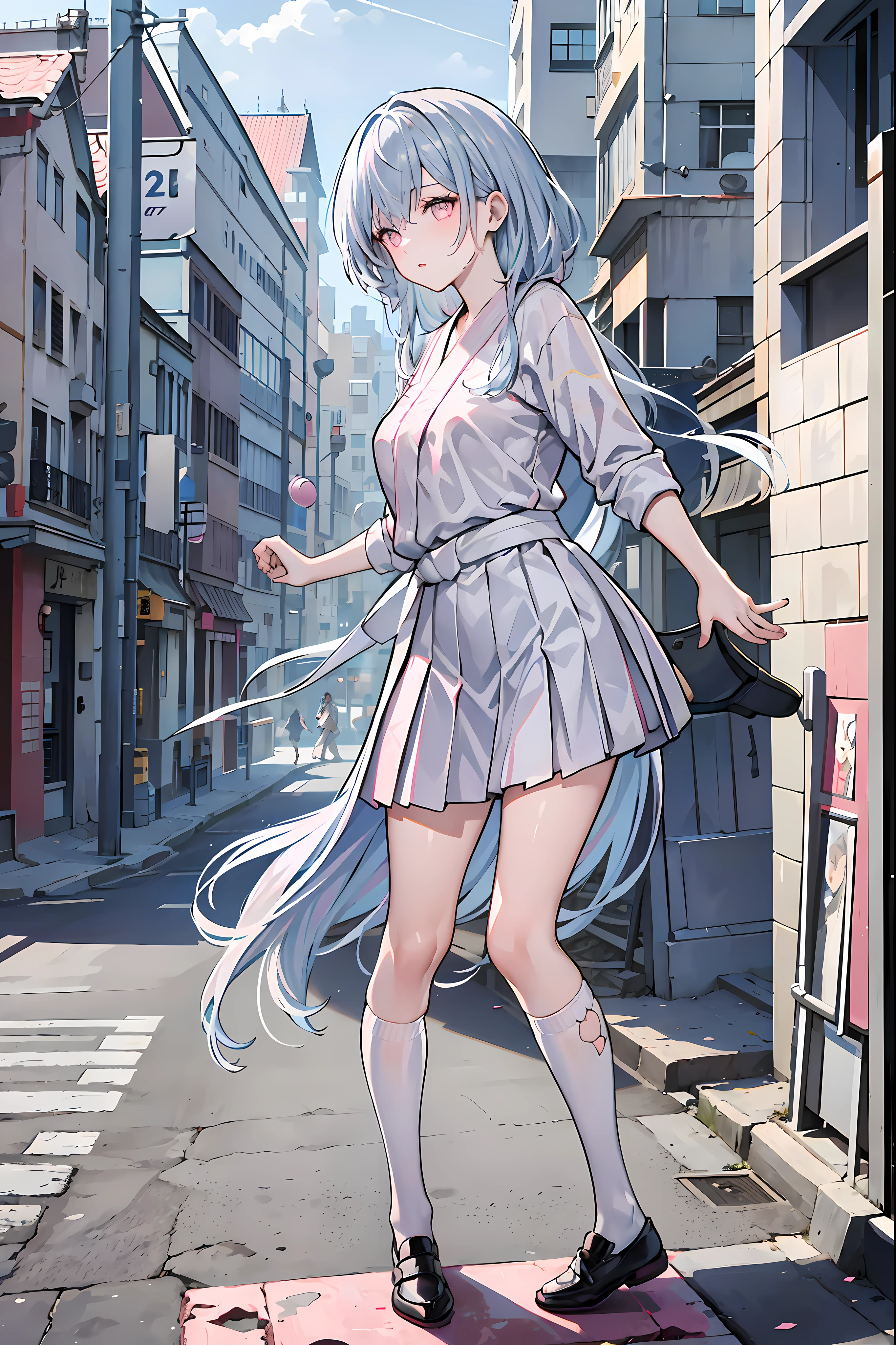 the city street，feater，Girls wearing school uniforms，Stand in the city square，Location，Delicate facial features，Beautiful looks，Pink lips，Silvery hair，Contre-Jour，scribble art，outside，Dilapidated house，Cracked streets，((karate：1.2))