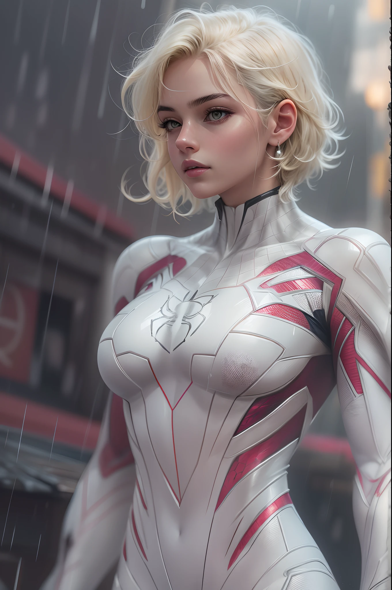 18 yo girl, white spider man suit, short blunt hair, blonde, beautiful face, rain, roof, masterpiece, intricate detail, perfect anatomy