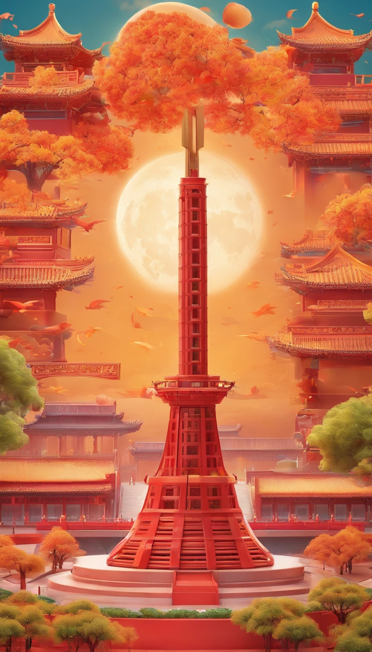 A poster centers on China's Tiananmen Square, On top is a moon, There are mooncakes and rabbits on the moon, Chinese background, No Man, Leave white space, from above, from below, high quality, UHD