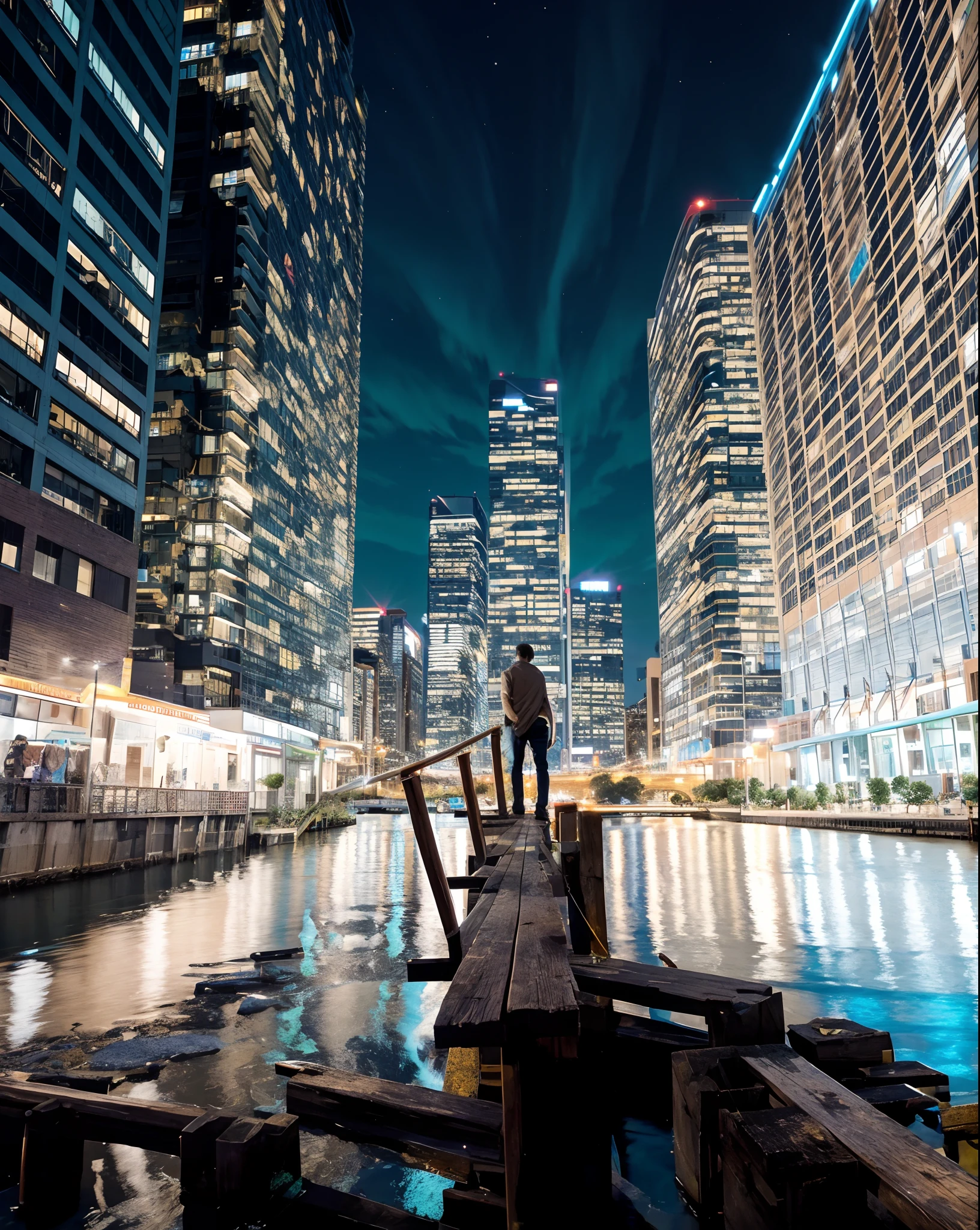 nighttime view of a city with a dock and a couple of people, vibrant city lights, beautifully lit buildings, night in the city, best on adobe stock, stepping on the city, urban city photography, long exposure outside the city, beautiful city, pexels contest winner, city at night, bright city lights, city lights in the background, city night