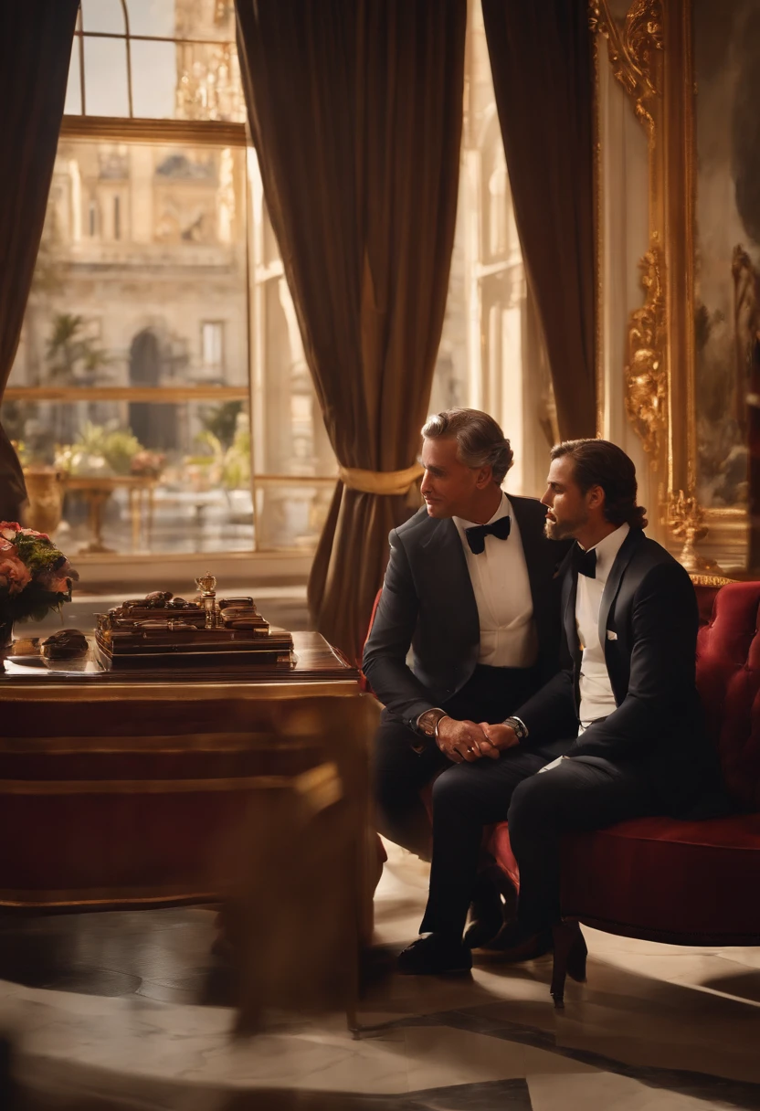 Obra maestra,Florentino Perez chatting with a cigar,Rafa Nadal in the Santiago Bernabeu stadium box,8k wallpaper,(best quality,4k,8k,highres,masterpiece:1.2),ultra-detailed,realistic:1.37,portrait,engaging conversation,vibrant colors,soothing lighting,portraits of legends,fine art aesthetic,classic elegance,tasteful composition,high contrast,impeccable attention to detail,historical significance,spectacle of greatness,triumph of sportsmanship,inspiring atmosphere,lively ambiance,memorable moment,signature essence of power and grace,rarefied air of prestige,luxurious surroundings,surrealistic quality,grandeur of the occasion,celebration of achievement,dynamic perspective,immersive experience,meticulous brushstrokes,rich texture,expressive emotions,mesmerizing depth,awe-inspiring presence,masterfully orchestrated scene,unforgettable encounter,thrilling anticipation,legacy of excellence