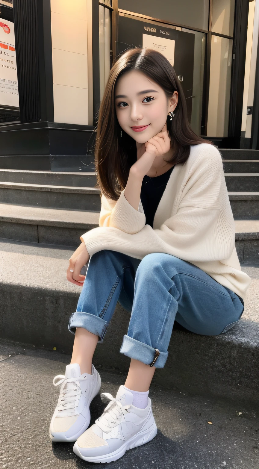 (((32K,very high res, high detailing, highly accurate,Masterpiece Girl 1:1.5))),Raw photo & realistic atmosphere,beautiful dark blue eyes,Detailed mouth,Glossy lips,Detailed eyebrows,Soft white skin that shines with every detail,,Eyes drawn in detail、Very beautiful eyes with azure eyes,Detailed lips、Very beautiful face,Very well-formed face、Lifelike face,shiny beautiful lips,Beautiful eyebrows,Infinite reality,Best design,(Insanely cute Japan 16-year-old high school girl,,Beautifully shaped breasts,Very cute beautiful girl,Little Girl,Healthy body,Outstanding style:1.5),Best Natural Makeup,Japanese ido,Korean Idols,Young sensual idol,Moist eyes,Dark Beautiful Deep Eyes,Beautiful butt,beauty legs,,camel's foot,:1.3),超A high resolution、,Natural and realistic face,Back lighting,Pure eyes are too cute,(((photorealisim,Photograph the whole body))),,Reality Live Action,(Fashionable earrings,,a necklace,A bracelet,gyuru,Glossy nail art,Women's Teens Street Casual Winter Fashion,Down coat,Black Denim Pants,,white shoe,Calm and fashionable girl,Light brown hair,Perm Shorthair,Ear Hung Hair,独奏,little smiling,full body Esbian,Show full-body fashion,sitting cross-legs,Show me your white shoes, Only beauty young cute 15 year old girl,A rather petite and very cute 15-year-old girl:1.7),Night in Shibuya