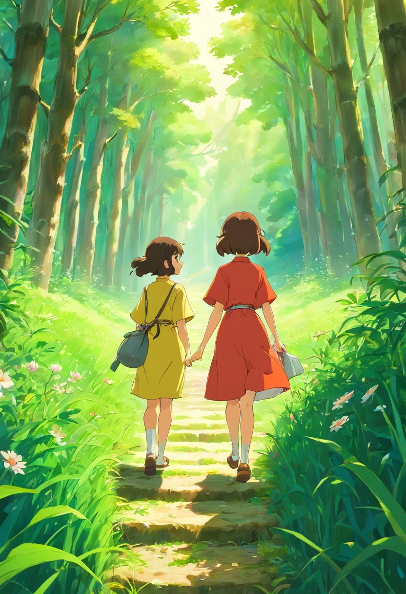 the woods、rice fields、吉卜力、illustratio、high-level image quality、Director Hayao Miyazaki、Girl sisters、2girl、Looks Back、sisterhood、hayao myiazaki、4k、An ultra-high picture quality