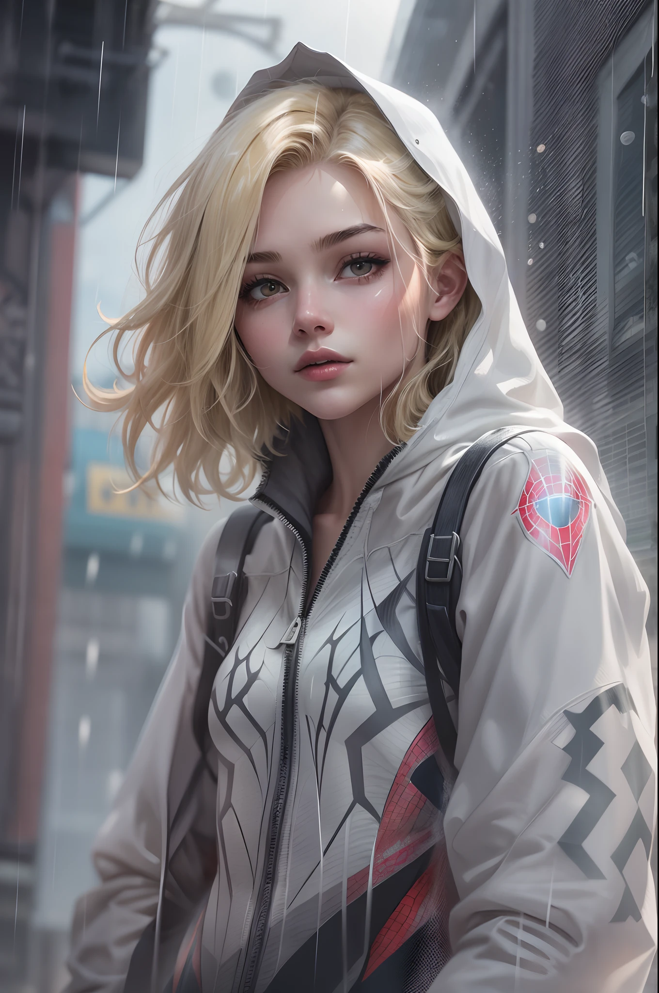 18 yo girl, white spider man suit, short blunt hair, blonde, beautiful face, rain, roof, masterpiece, intricate detail, perfect anatomy