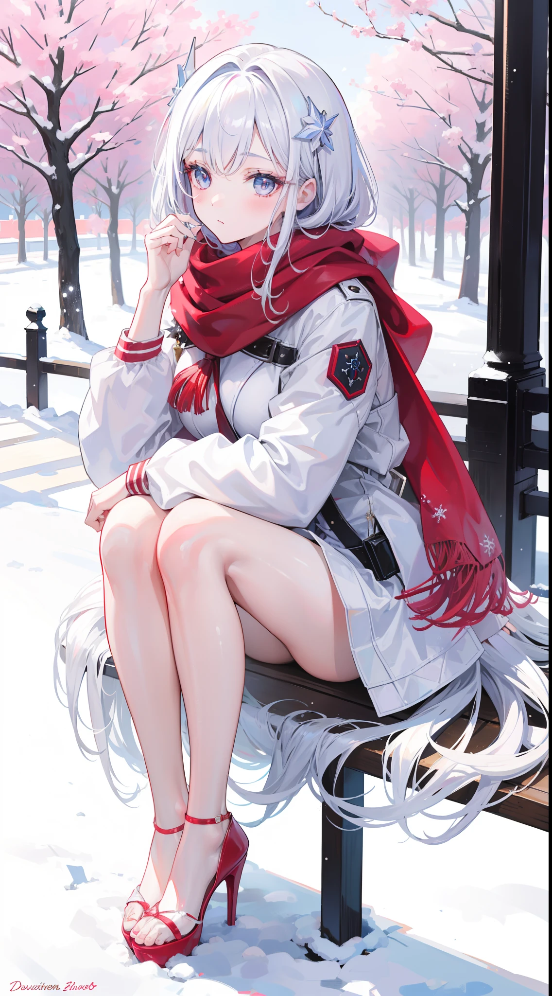 A peerless beauty,Beautiful facial features,putting makeup on,Blushlush,(cabelos preto e longos,White down jacket,Red scarf),high-heels,(Fuyuhime love song,plane trees,Snowflakes flying,White snow),Realiy,modern day,Portrait photo,Get close to the lens,depth of fields,stand posture