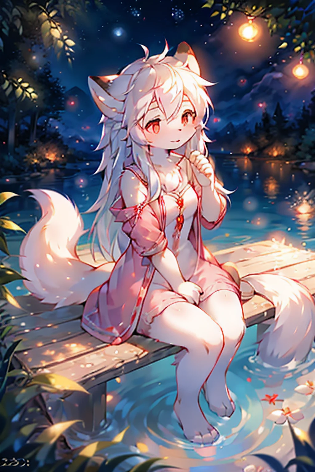 ((Best quality, high detail, masterpiece)), female, arctic fox, furry, white fur, long hair, white hair, wavy hair, red eyes, pastel pink clothing, casual clothes, cute, full body, outside, solo, cute expression, sitting on bench, A high resolution