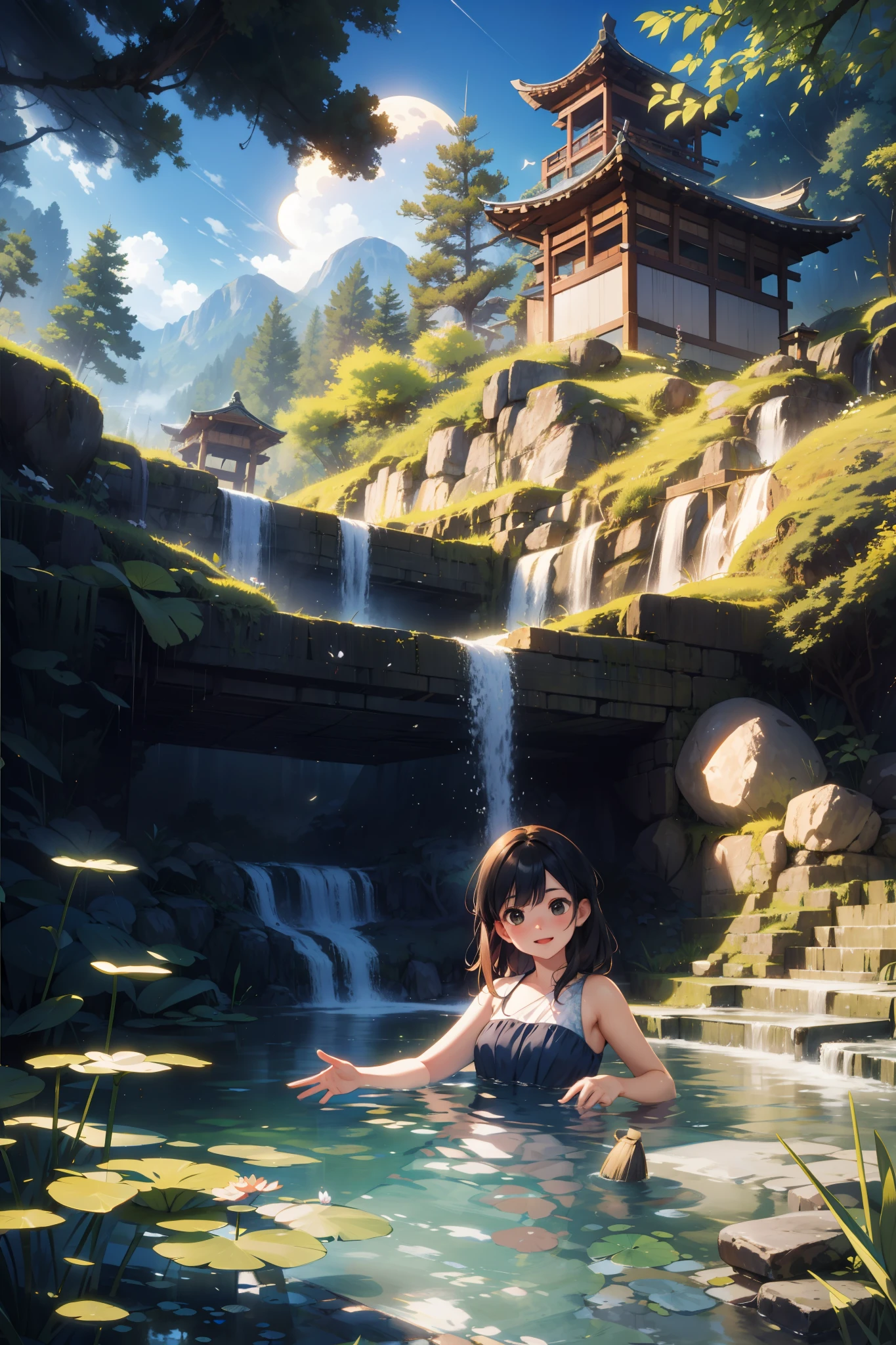 （best qualtiy，tmasterpiece，Hyper-realistic），1 beautiful and delicate portrait of a girl，Playful and cute，Ancient Chinese architecture, Moon, midnight, sonoko, Bamboo, Lake, Stone bridge, Rockery, archs, Corner, tree, running water, landscape, En plein air, waterfallr, Grass, rock music, water lily, hot onsen, vapour, (illustration: 1.0), Epic composition, Realistic lighting, HD details, Masterpiece, Best quality, (Very detailed CG unity 8k)