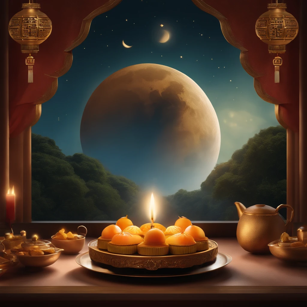 Mid-Autumn Festival, A round moon, the night, (Moon cake), teas, the fruits, edgBunny, Chang'e rushes to the moon, symmetry, high detail, Romanticism, sparkle, god rays, ray tracing, UHD, retina, masterpiece, ccurate, super detail, high details, high quality, best quality, highres, 16k, anatomically correct