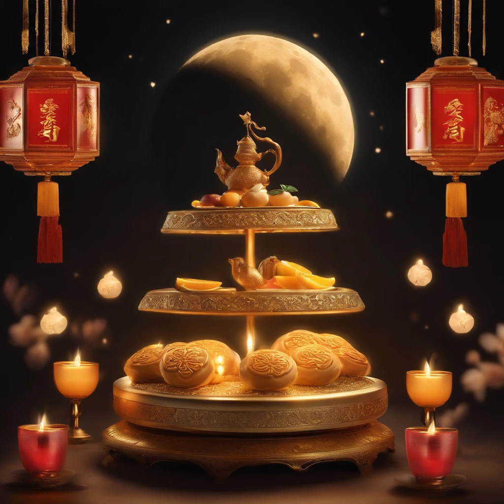 Mid-Autumn Festival, A round moon, the night, (Moon cake), teas, the fruits, edgBunny, Chang'e rushes to the moon, symmetry, high detail, Romanticism, sparkle, god rays, ray tracing, UHD, retina, masterpiece, ccurate, super detail, high details, high quality, best quality, highres, 16k, anatomically correct