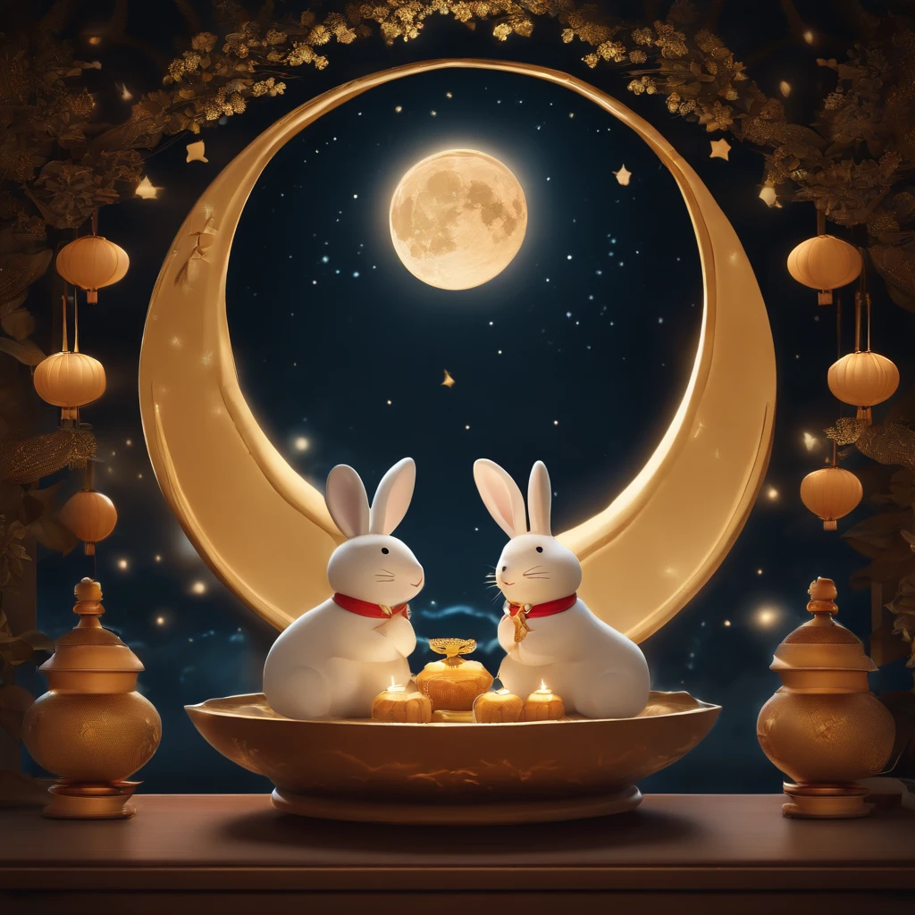 Mid-Autumn Festival, A round moon, the night, （Moon cake）, teas, the fruits, edgBunny, Chang'e rushes to the moon, symmetry, high detail, Romanticism, sparkle, god rays, ray tracing, UHD, retina, masterpiece, ccurate, super detail, high details, high quality, best quality, highres, 16k, anatomically correct