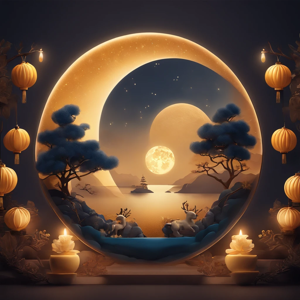 Mid-Autumn Festival, A round moon, the night, （Moon cake）, teas, the fruits, edgBunny, Chang'e rushes to the moon, symmetry, high detail, Romanticism, sparkle, god rays, ray tracing, UHD, retina, masterpiece, ccurate, super detail, high details, high quality, best quality, highres, 16k, anatomically correct