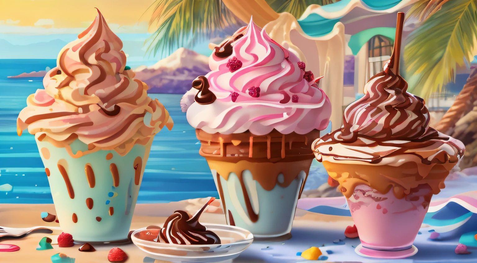 Melted ice cream,Sweet cream landscape,Vibrant colors,Sugary texture,Sticky and dripping,Delicious melting,summery vibe,Scattered sprinklers,Playful swirls and patterns,Whimsical and fantastic atmosphere,Joyful and colorful,sun-kissed，Delicious,Frozen dessert paradise,Lickable and tempting,Chocolate syrup drizzle,Crispy waffle cones,Indulgent hospitality,Imagine the taste,Seductive and mouth-watering,Ice cream paradise,Soft service dreams,Delicious mess,The joy of sweets,Cream cascade,Irresistible indulgence,Beachfront ice cream parlor,Undeniably pleasant,Cream swirls and swirls,Refreshing and cold,Icy and creamy delight,Delicious and decadent,Frozen happiness,Melt in the sun,Lick the festival,Cool and sticky,Delicious puddles,Frozen joy flavor,Tempting deliciousness,Summer dessert feeling,Sweet and melting,Sticky fingers and smile,Bring out your inner child,Happiness in a cone