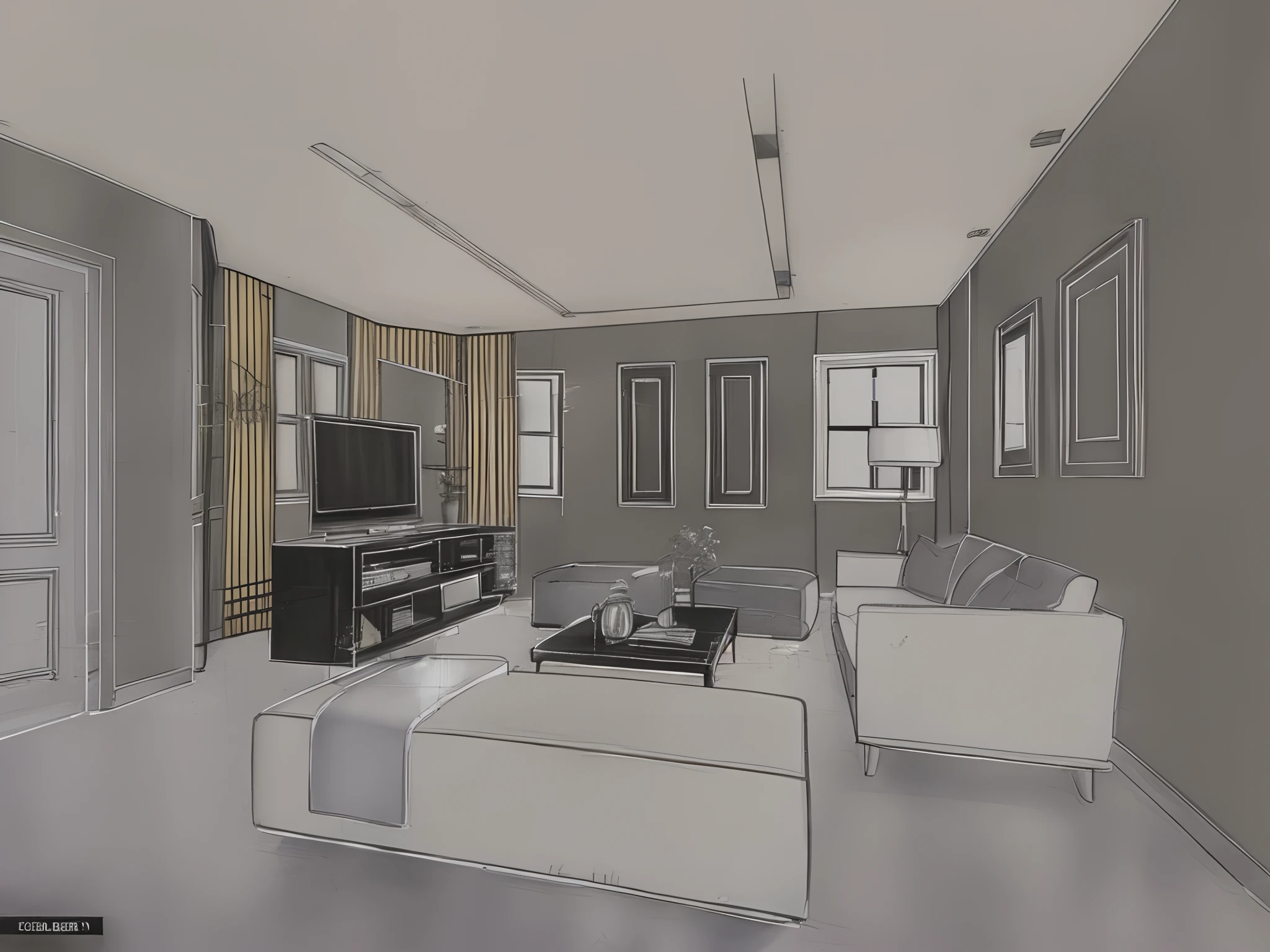 a sketch of a living room with a couch, coffee table and television royalty - art illustration, sketch illustration, interior background art, interior living room, interior of a living room, in a living room, living room background, an interior of room, interior architecture view, sketch black and white colors, living room, line art illustration, living room interior, realistic line drawing
