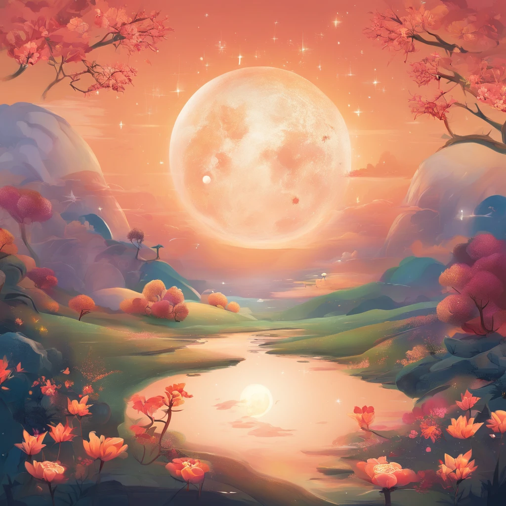 Mid-Autumn Festival, A round moon, the night, （Moon cake）, teas, the fruits, edgBunny, Chang'e rushes to the moon, symmetry, high detail, Romanticism, sparkle, god rays, ray tracing, UHD, retina, masterpiece, ccurate, super detail, high details, high quality, best quality, highres, 16k, anatomically correct