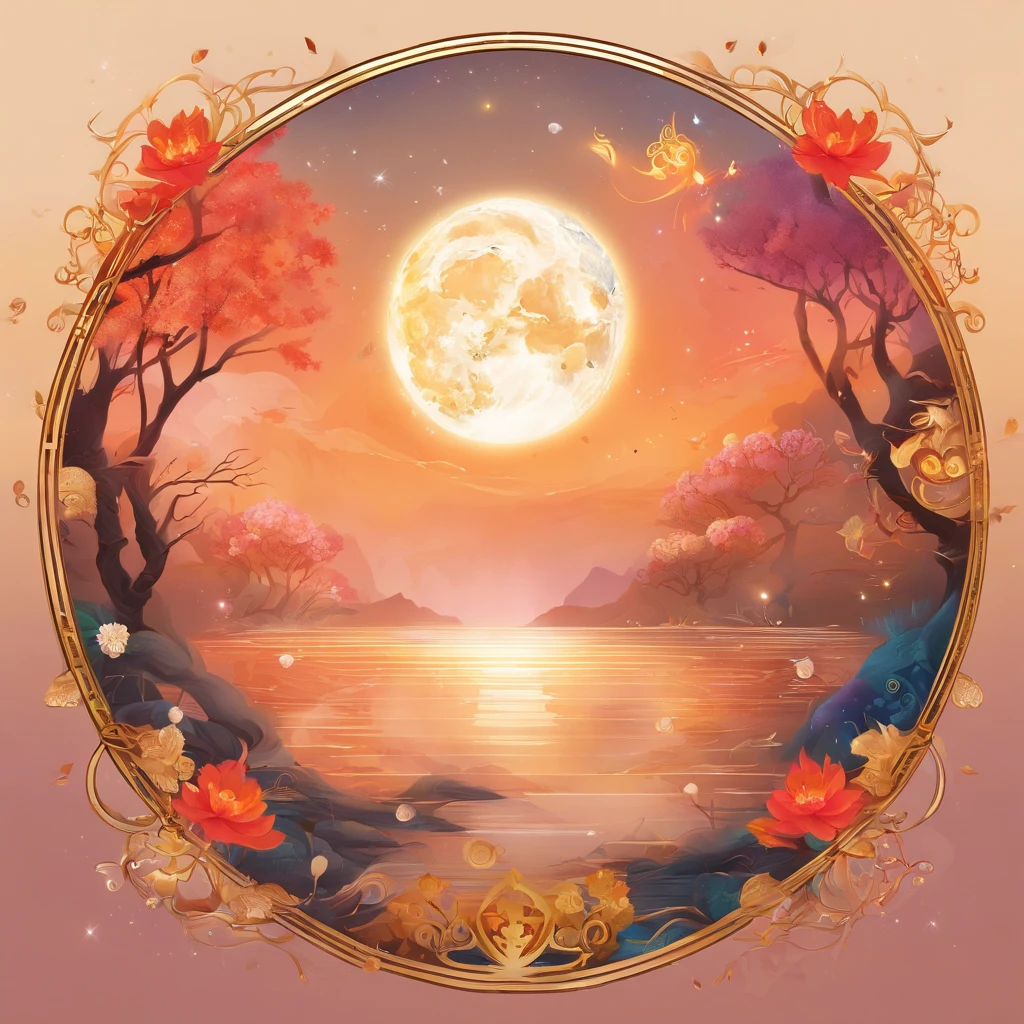 Mid-Autumn Festival, A round moon, the night, (Moon cake), teas, the fruits, edgBunny, Chang'e rushes to the moon, symmetry, high detail, Romanticism, sparkle, god rays, ray tracing, UHD, retina, masterpiece, ccurate, super detail, high details, high quality, best quality, highres, 16k, anatomically correct