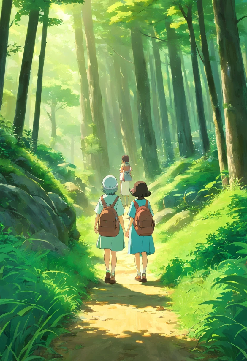 the woods、rice fields、吉卜力、illustratio、high-level image quality、Director Hayao Miyazaki、Girl sisters、2girl、Looks Back、sisterhood、hayao myiazaki、4k、An ultra-high picture quality、Rear view、Have a packed lunch、Camping with Sisters