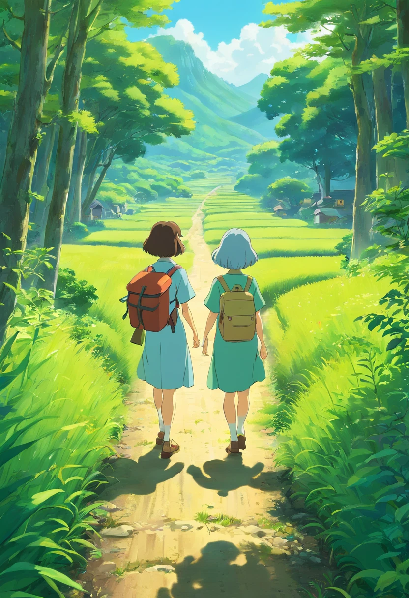 the woods、rice fields、吉卜力、illustratio、high-level image quality、Director Hayao Miyazaki、Girl sisters、2girl、Looks Back、sisterhood、hayao myiazaki、4k、An ultra-high picture quality、Rear view、Have a packed lunch、Camping with Sisters