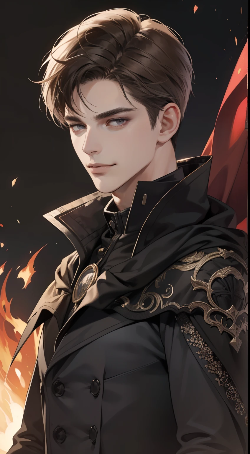masterpiece, best quality, realistic, 1man, mature male, quiet and charming young man, 25 year old, a smirk, closed mouth, portrait, extremely detailed face, cold and smirk, ((dark grey eyes)), ((short-right-swept dark brown hair)), [thick eyebrows], dark palace, ((long black cape)), dim light, evil, fire background