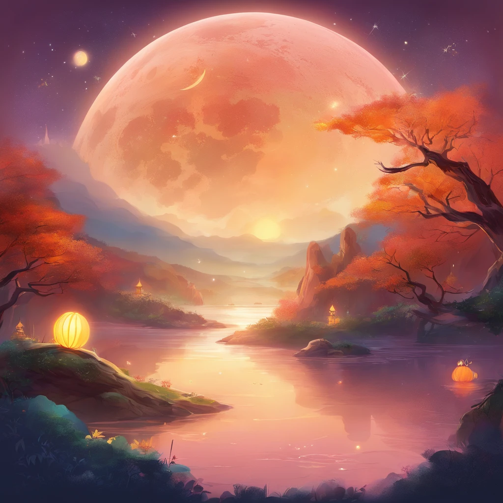 Mid-Autumn Festival, A round moon, the night, (Moon cake), teas, the fruits, edgBunny, Chang'e rushes to the moon, symmetry, high detail, Romanticism, sparkle, god rays, ray tracing, UHD, retina, masterpiece, ccurate, super detail, high details, high quality, best quality, highres, 16k, anatomically correct