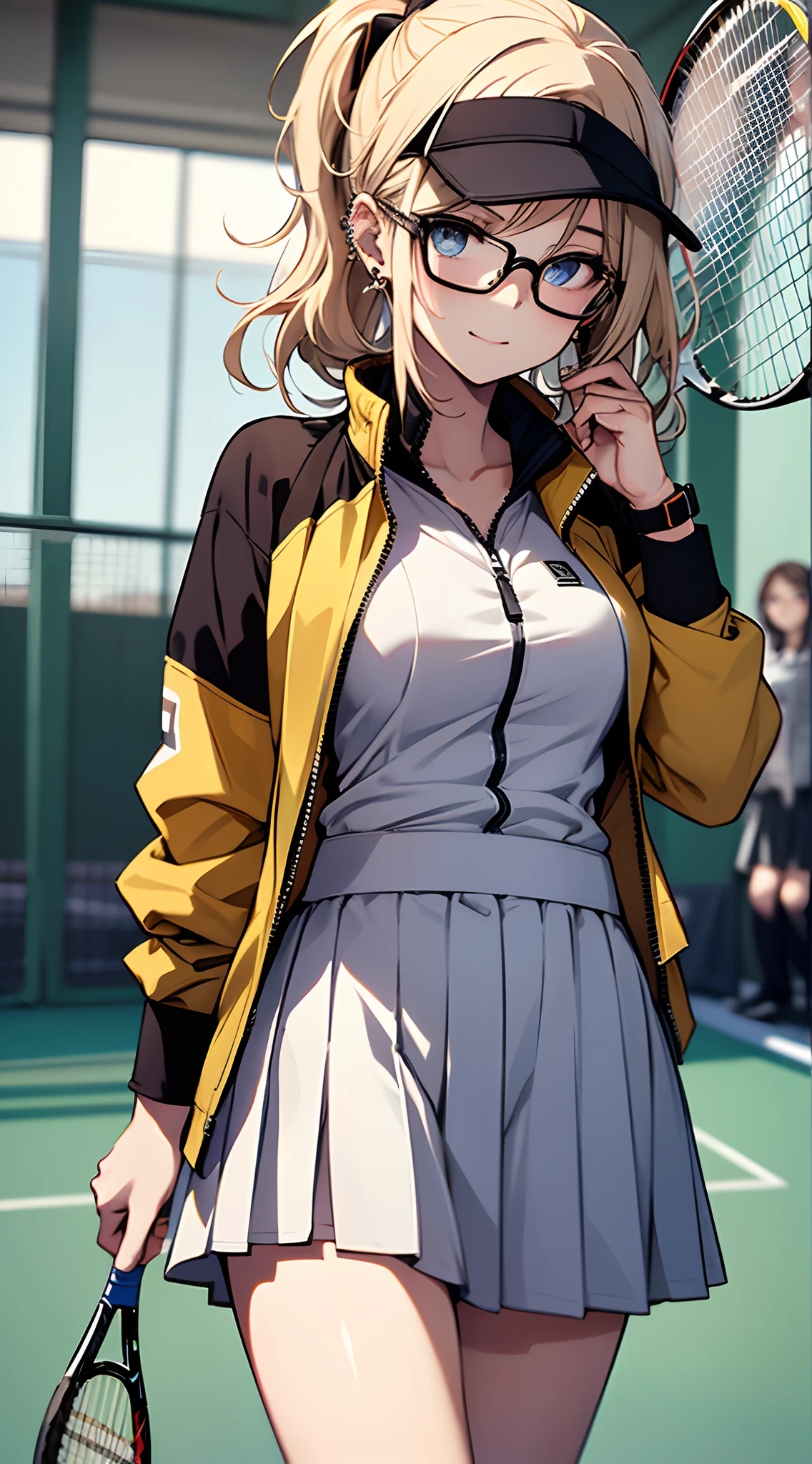 top-quality、Top image quality、​masterpiece、girl with((18year old、Light tennis wear:1.6、Mini Pleated Skirt、Bust 90、a blond、disheveled ponytail、Blue eyes、open chest wide、Happiness、Black wristband on wrist、Ear-piercing))、((Fashionable glasses))、A slender、hiquality、(perspired:1.6)、visualart、Background with((tennis coat))、masutepiece