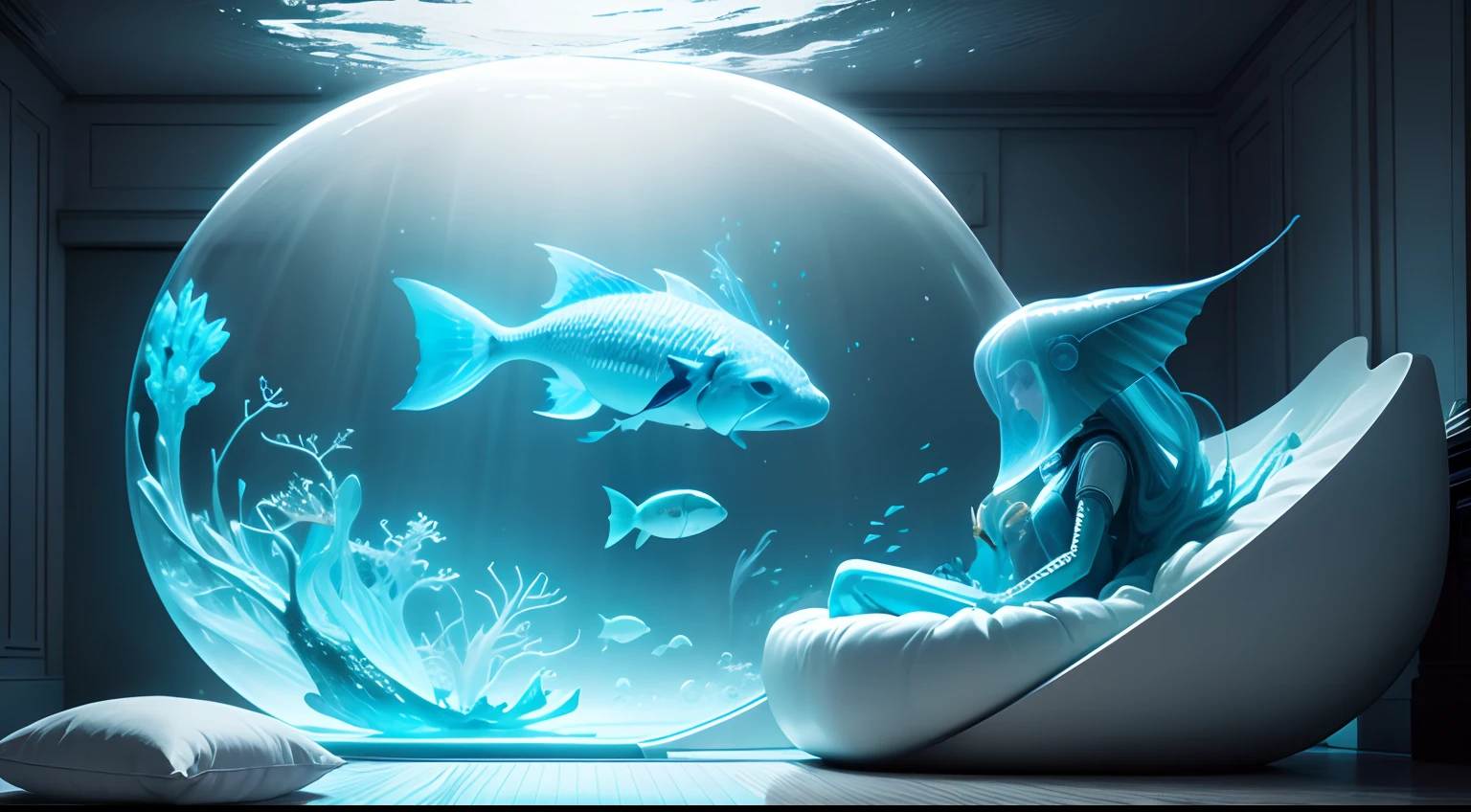 The living room space is designed in a shape similar to an aquarium,The walls are covered with a transparent water curtain,It gives the feeling of an underwater world。The sofa is a huge shell shape,It has padded and a comfortable backrest,Aliens can sit on it and feel the breath of the ocean。The alien figure is a creature with fins and a tail,They wear transparent scaly clothing,It looks very elegant and flexible。They communicate with the earthlings through the movement of their tails。