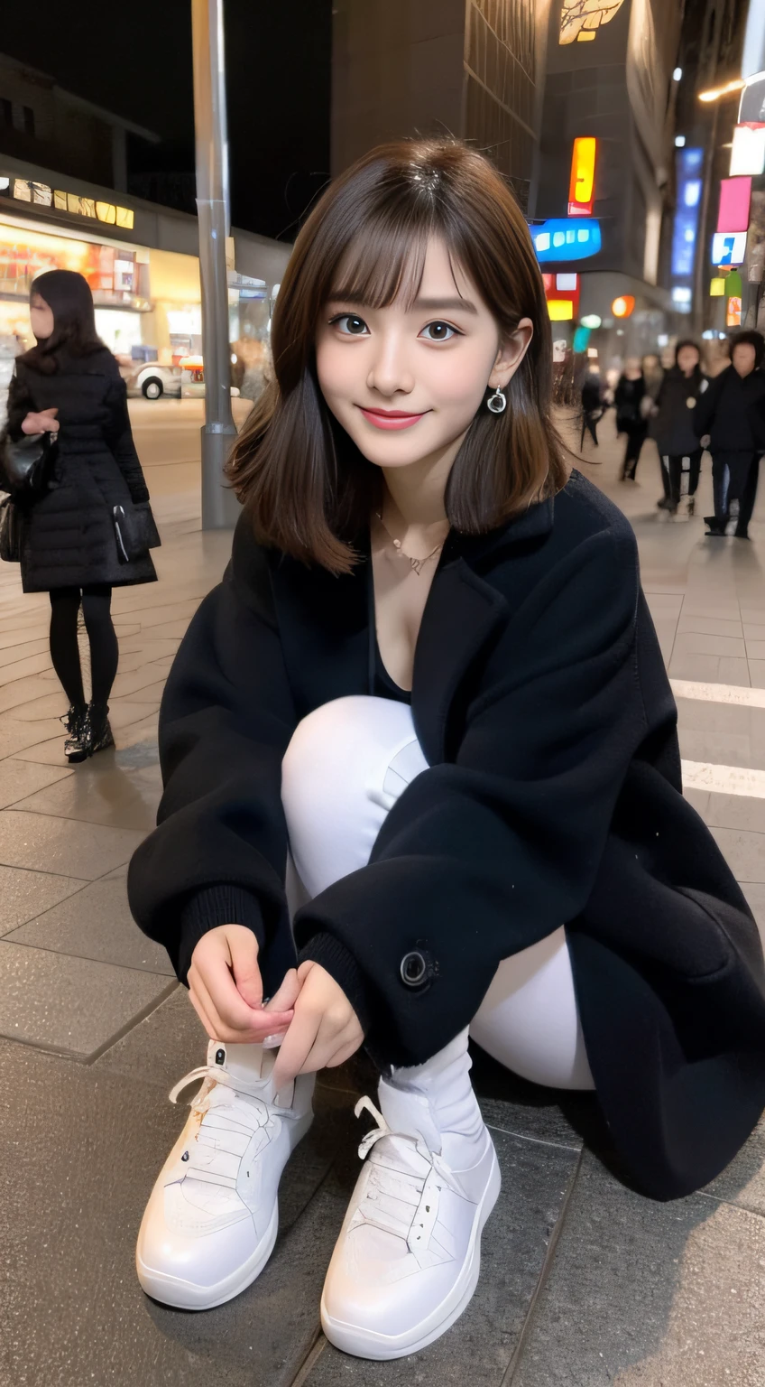 (((32K,very high res, high detailing, highly accurate,Masterpiece Girl 1:1.5))),Raw photo & realistic atmosphere,beautiful dark blue eyes,Detailed mouth,Glossy lips,Detailed eyebrows,Soft white skin that shines with every detail,,Eyes drawn in detail、Very beautiful eyes with azure eyes,Detailed lips、Very beautiful face,Very well-formed face、Lifelike face,shiny beautiful lips,Beautiful eyebrows,Infinite reality,Best design,(Insanely cute Japan 16-year-old high school girl,,Beautifully shaped breasts,Very cute beautiful girl,Little Girl,Healthy body,Outstanding style:1.5),Best Natural Makeup,Japanese ido,Korean Idols,Young sensual idol,Moist eyes,Dark Beautiful Deep Eyes,Beautiful butt,beauty legs,,camel's foot,:1.3),超A high resolution、,Natural and realistic face,Back lighting,Pure eyes are too cute,(((photorealisim,Photograph the whole body))),,Reality Live Action,(Fashionable earrings,,a necklace,A bracelet,gyuru,Glossy nail art,Women's Teens Street Winter Casual Fashion,Down coat,Black pants,white shoe,Hats,Calm and fashionable girl,Light brown hair,short-hair,Ear Hung Hair,独奏,little smiling,full body Esbian,Show full-body fashion,sitting cross-legs,Show me your white shoes, Only beauty young cute 15 year old girl,A rather petite and very cute 15-year-old girl:1.7),Night in Shibuya