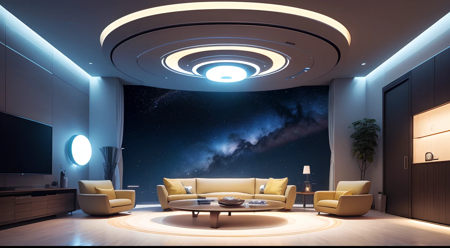The living room space is designed to resemble a spaceship，The walls and ceiling are made of transparent materials，So that aliens can enjoy the starry sky outside。The sofa is a huge sphere，It has a soft cushion and an adjustable backrest，Aliens can sit comfortably on it。The alien image is a creature with a glowing body，They wear transparent clothing，It looks very technological。They communicate with earthlings by emitting sounds of a specific frequency。