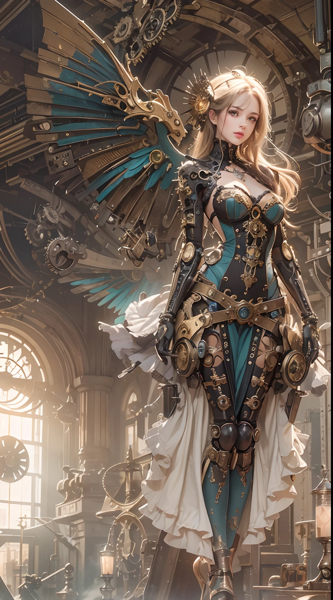 (Best quality,4K,A high resolution,Masterpiece:1.2),Ultra-detailed,(Realistic:1.37) Girl with mechanical parts,steampunk wind,Delicate clockwork details,Brass gears and gears,Beautiful and intricate design,(Mechanical wings),Glowing eyes and glowing tattoos,Gorgeous metal corsets and skirts,Elegant and elegant gesture,Industrial background with smoky atmosphere,Soft warm lighting,Vintage color palette,The human body and mechanical elements are perfectly integrated
