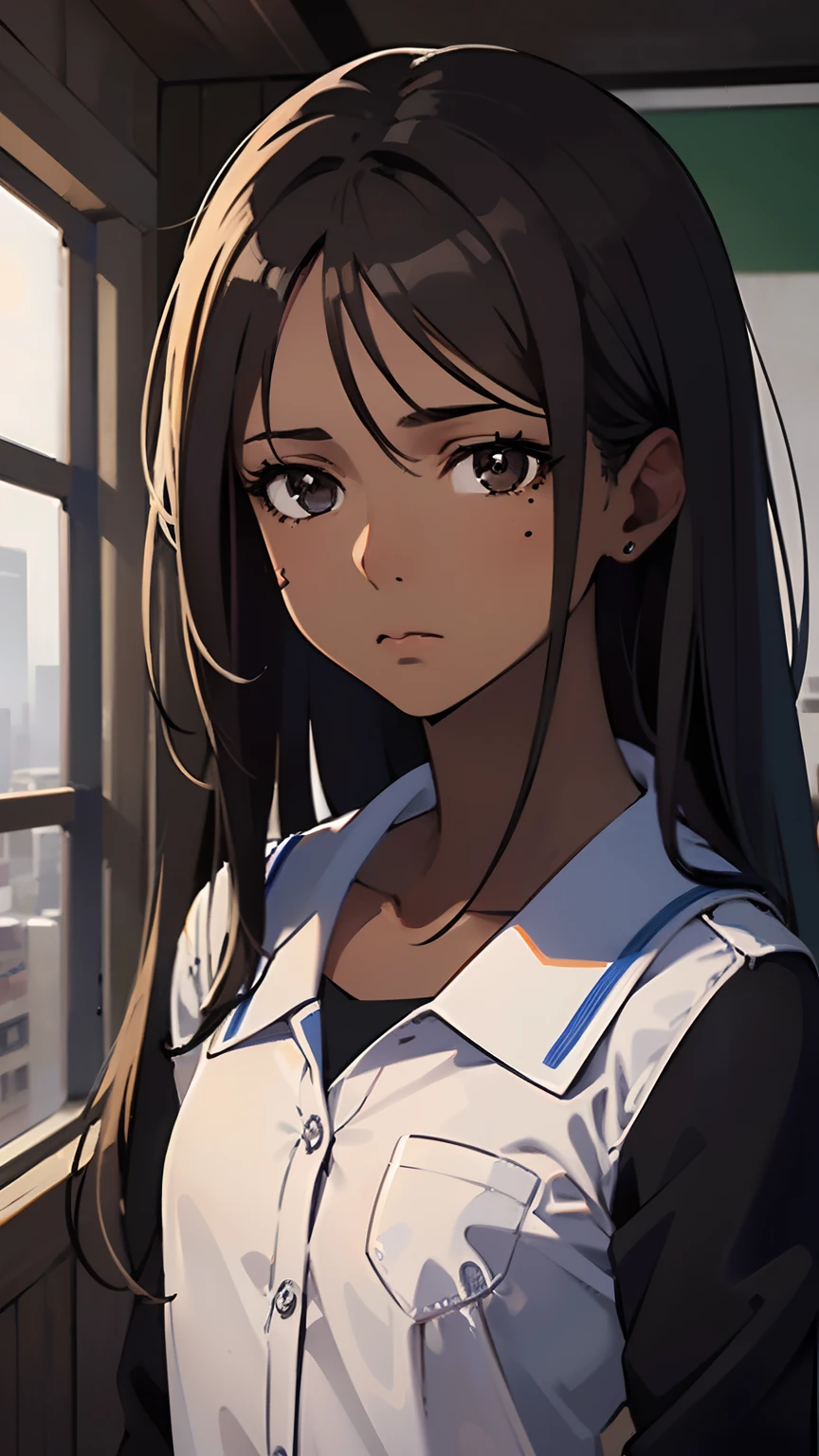 1 girl, (dark brown skin:1.4), long hair, black eyes colour, mole down the right eye, School girl outfit, depressed, cold expression , (high quality, masterpiece, extremely detailed:1.2), (small chest:1.2), (Realistic, photorealistic:1.2), studio lighting