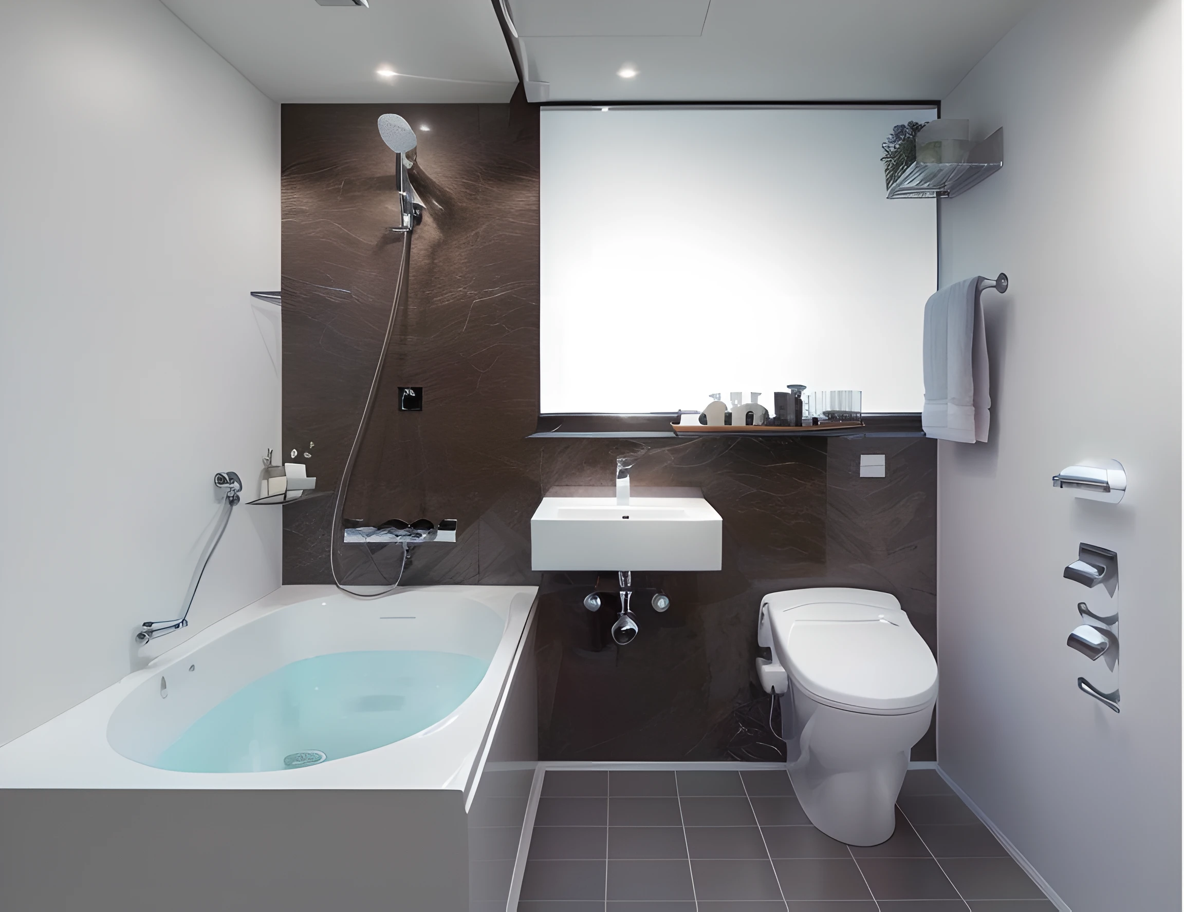 There is a bathroom with a bathtub, toilet, Sink and shower, interior of a bathroom, Modern bathroom, Luxury, an aesthetically pleasing, Bathroom, Premium bathroom design, Comfortable, Minimalist, Modern look, It features a simple, simplicity, deluxe, units, ellegance, modular, Farbe, lots of light, CLEAN IMAGE, floating, toilet, Soft natural light