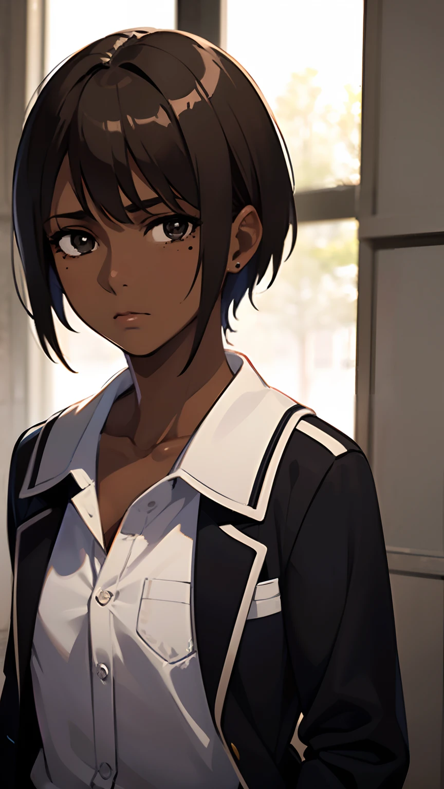 1 girl, (dark brown skin:1.4), very short hair, black eyes colour, mole down the right eye, School girl outfit, depressed, cold expression , (high quality, masterpiece, extremely detailed:1.2), (small chest:1.2), (Realistic, photorealistic:1.2), studio lighting