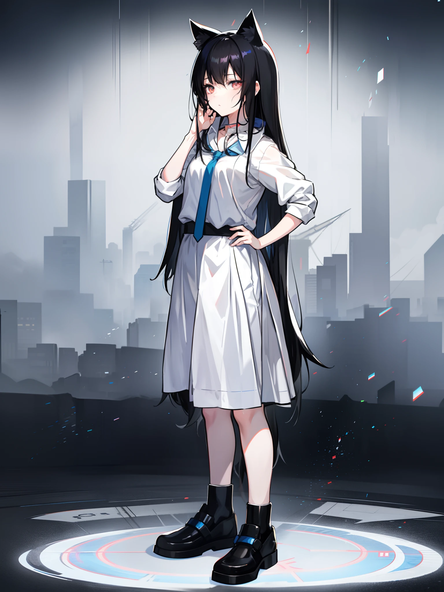 Anime girl with black long hair, white shirt and blue tie, mayuri shiina from steins gate, sui ishida with black hair, full_Body!!, anime full body illustration, !!Full body portrait!!, full bodyesbian!!, Single character full body, She has black hair, female anime character, anime girl named lucy, Anime girl with long hair