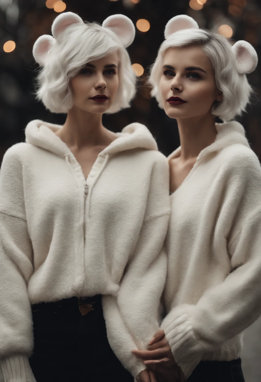 Twins, mouse girls, short fluffy white hair, big round mouse ears, white sweaters, holding hands, ((dark brown eyes)), couple, beautiful, glossy lips, detailed eyes