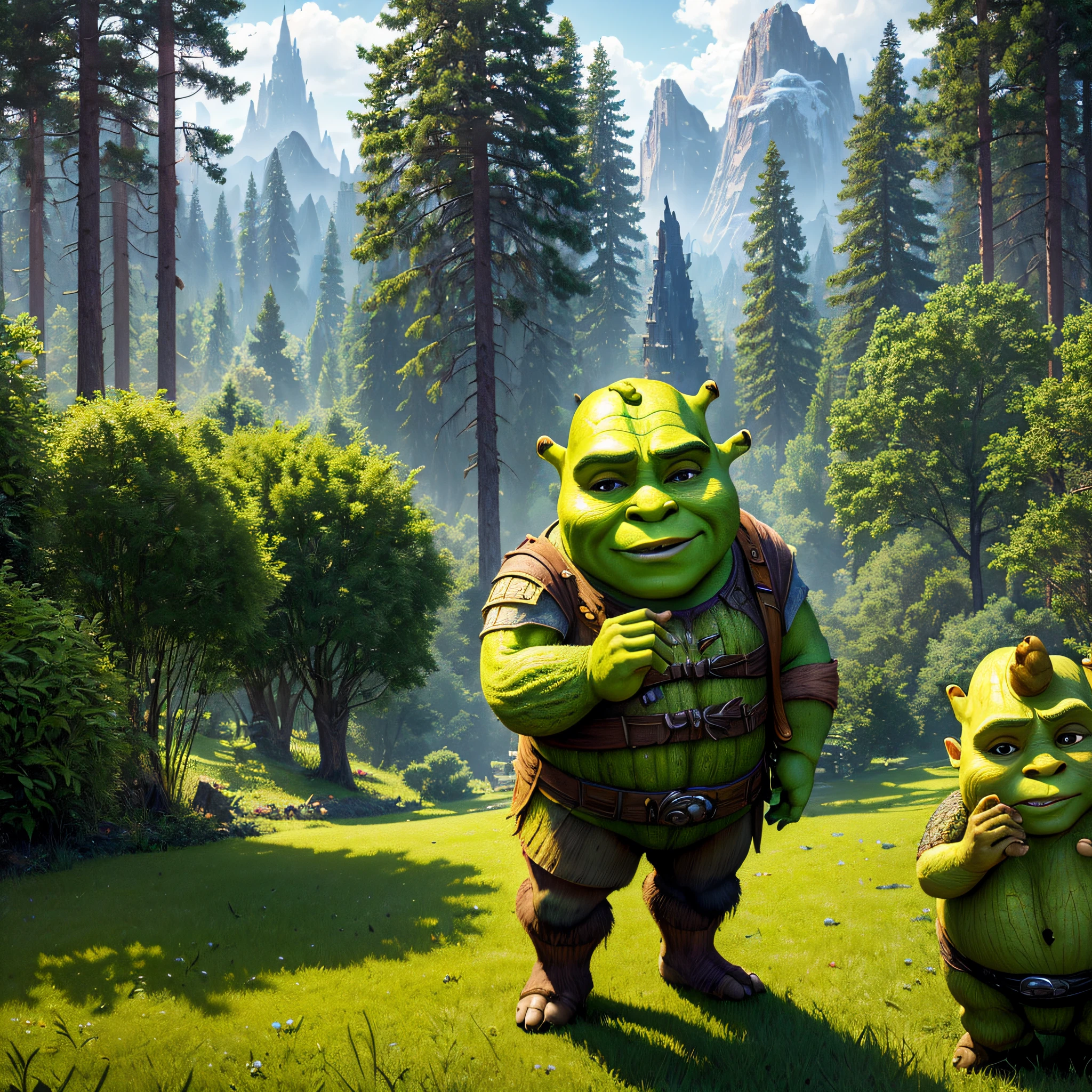 (Cinematic Photo, Maximum realism), (CG 8k wallpapers are extremely detailed, Masterpiece, Best Quality, Ultra-detailed), ((Wonder Shrek to the rescue)), Dense forest in the background, Focus on the character, Animals are hiding in the bushes, (Low Angle:1,4)
