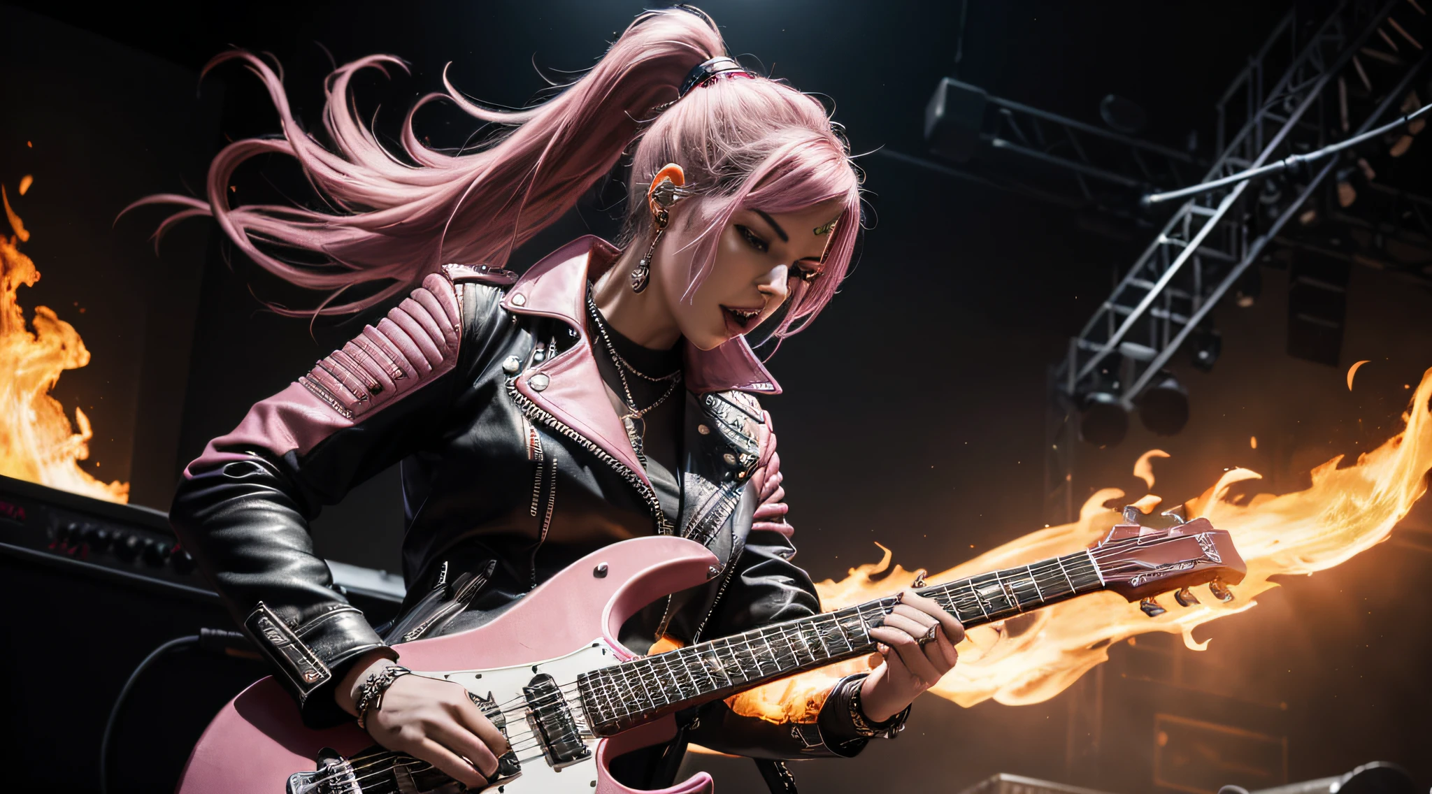 (Masterpiece:1.3, Best quality, Photorealistic, Ultra-detailed, finely detailed, high resolution, 8K wallpaper) Heavy metal, biker chick with chains and spikes, ferocious expression, powerful female rock star, pink leather, dressed in pink leather jacket and pink torn jeans, dark eyeliner and black lipstick, heavy music, fierce woman, standing tall, epic guitar solo, guitar on fire, woman solo electric guitar, female guitarist of metal, woman playing the guitar, electric guitar made of metal, flames on stage, female rocker playing a concert,