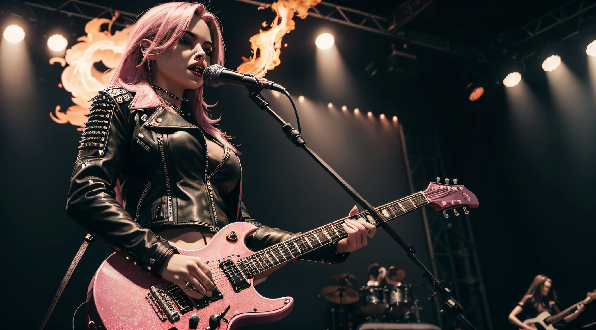 (Masterpiece:1.3, Best quality, Photorealistic, Ultra-detailed, finely detailed, high resolution, 8K wallpaper) Heavy metal, biker chick with chains and spikes, ferocious expression, powerful female rock star, pink leather, dressed in pink leather jacket and pink torn jeans, dark eyeliner and black lipstick, heavy music, fierce woman, standing tall, epic guitar solo, guitar on fire, woman solo electric guitar, female guitarist of metal, woman playing the guitar, electric guitar made of metal, flames on stage, female rocker playing a concert,