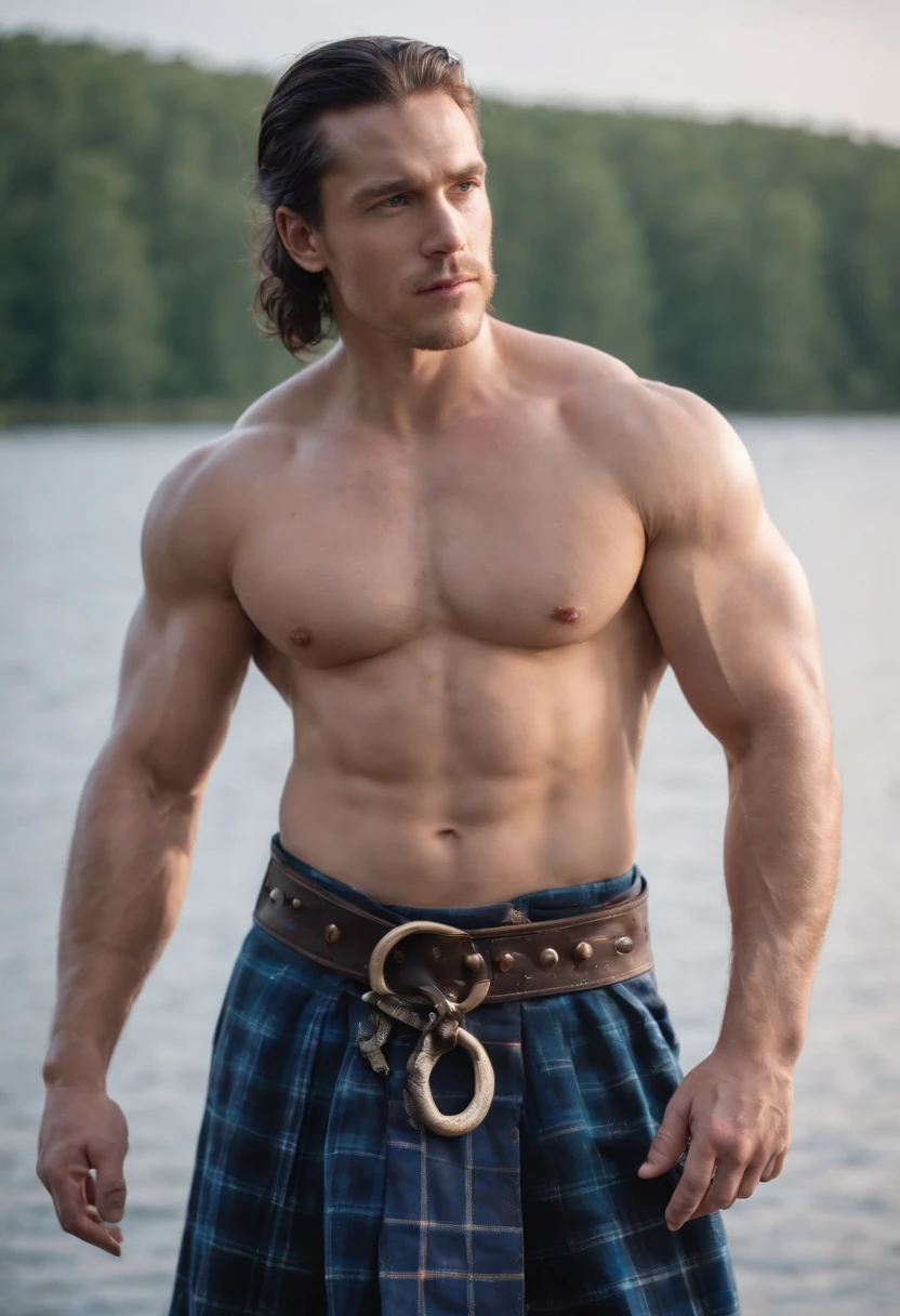 photo of muscular Viking in blue tartan kilt, topless, shirtless, barechest, warm summer evening, lake background, dramatic light, very handsome, long black hair, clean shaved, full-body, very handsome, arrogant, cocky, dark night